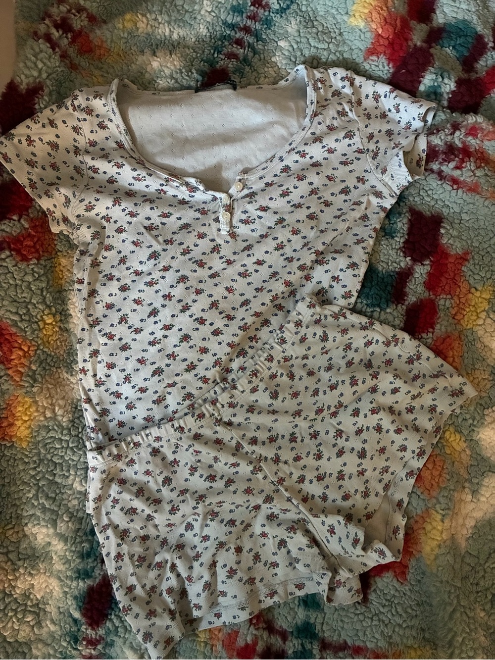 Brandy Melville White Floral Henley Short Pajama Set